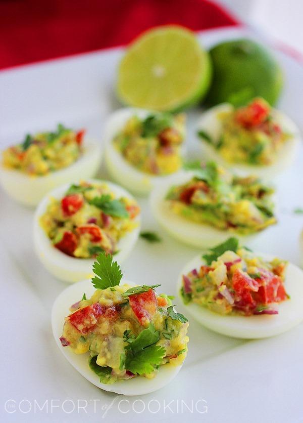 Guacamole Deviled Eggs – For potlucks and parties, these delicious guacamole deviled eggs are an easy, healthy hit! | thecomfortofcooking.com