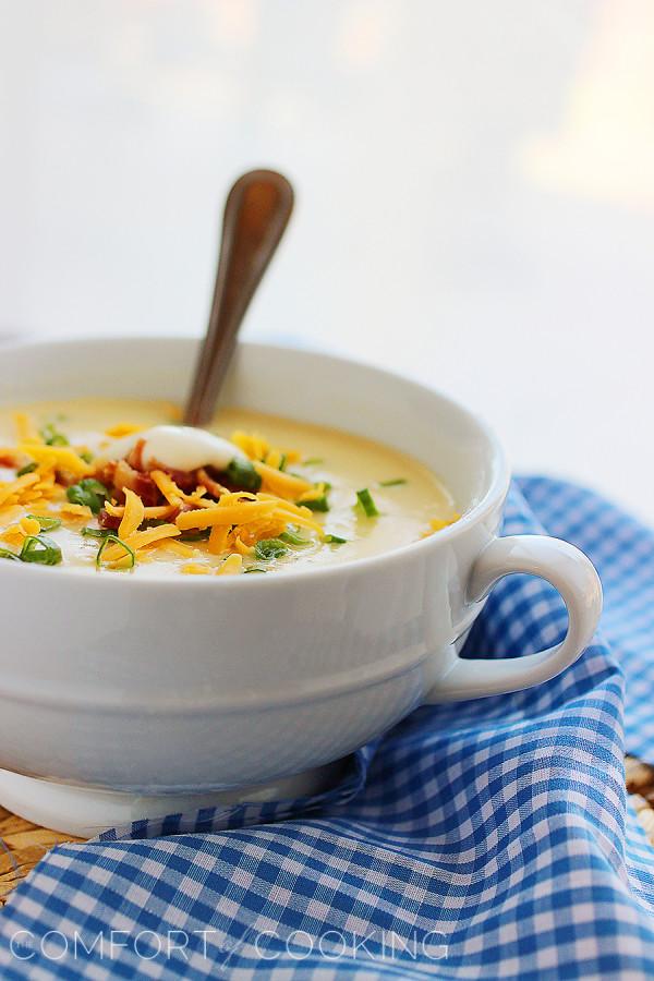 Loaded Baked Potato Cheddar Soup – Warm up with a bowl of cream-free potato soup piled with tasty toppings! | thecomfortofcooking.com