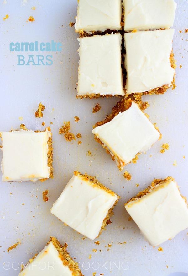 Carrot Cake Bars with Lemon Cream Cheese Frosting – Crumbly, moist and super easy carrot cake bars for your next spring party! | thecomfortofcooking.com