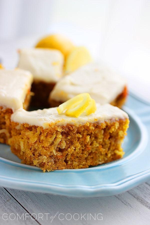 Carrot Cake Bars with Lemon Cream Cheese Frosting – Crumbly, moist and super easy carrot cake bars for your next spring party! | thecomfortofcooking.com