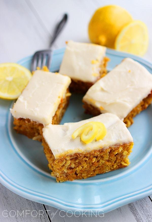 Carrot Cake Bars with Lemon Cream Cheese Frosting – Crumbly, moist and super easy carrot cake bars for your next spring party! | thecomfortofcooking.com