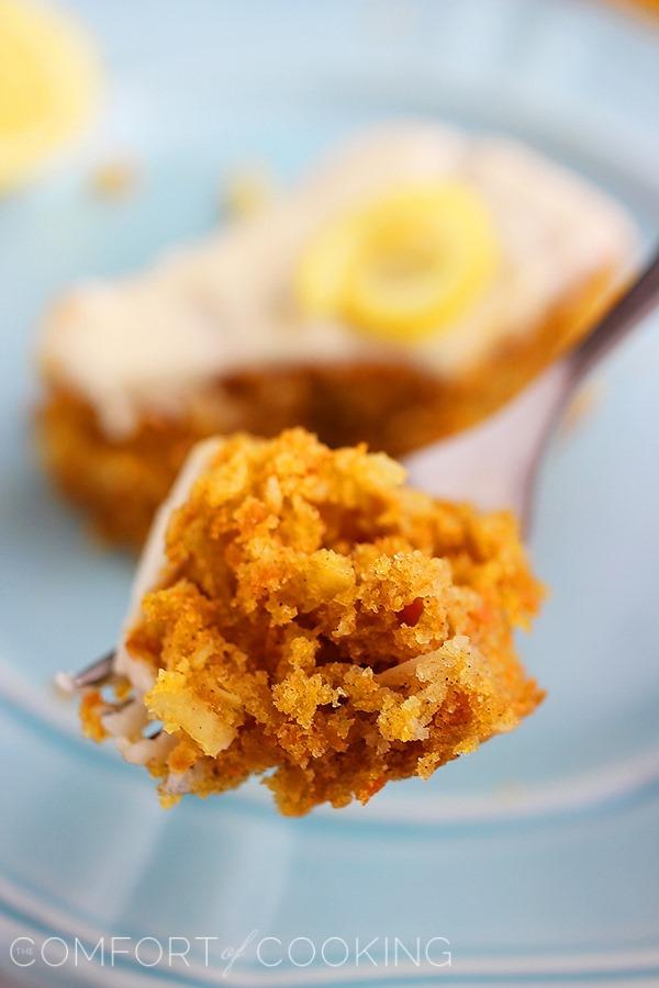 Carrot Cake Bars with Lemon Cream Cheese Frosting – Crumbly, moist and super easy carrot cake bars for your next spring party! | thecomfortofcooking.com