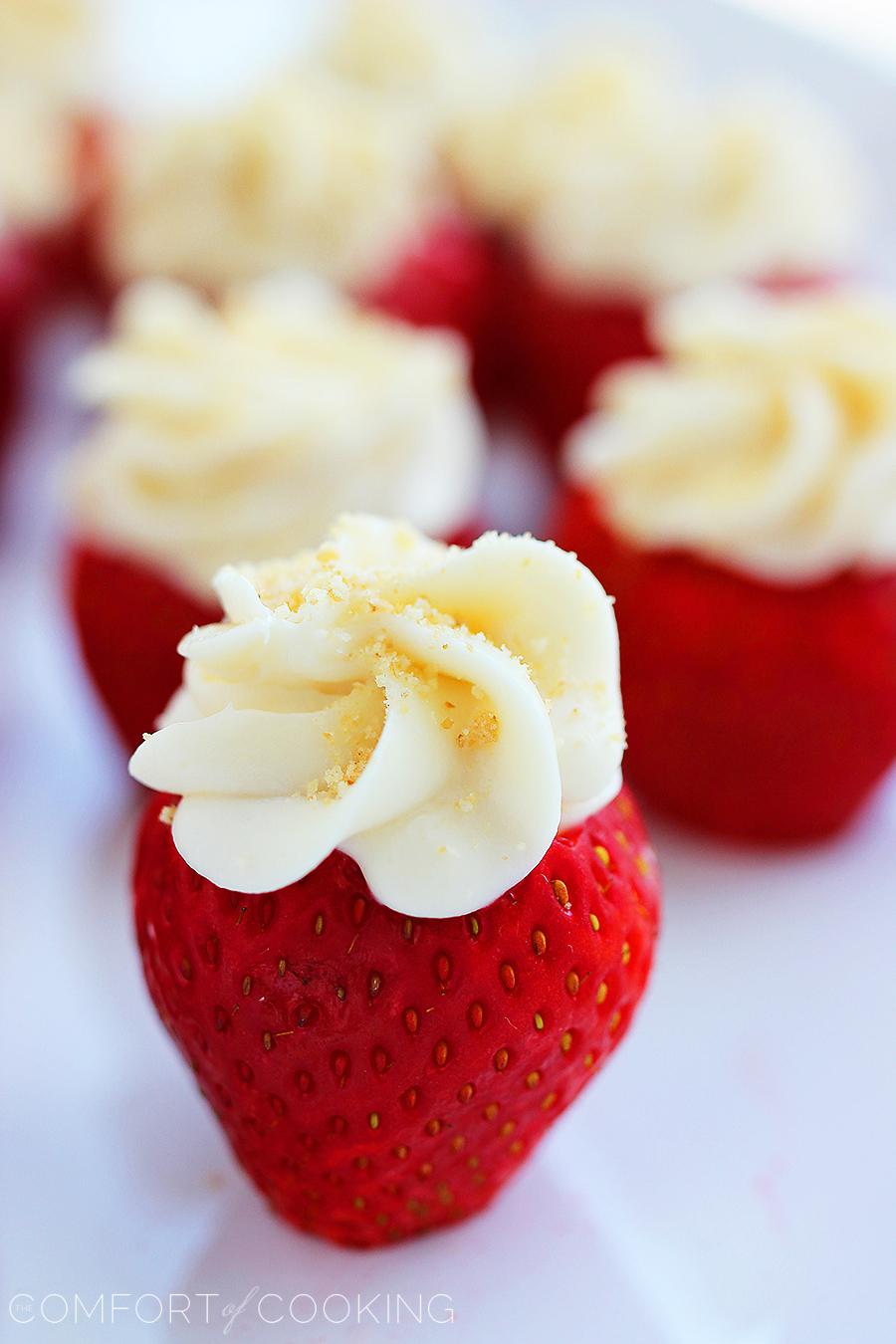 Cheesecake Stuffed Strawberries – Guilt-free cheesecake stuffed strawberries! Perfect for snacking and parties! | thecomfortofcooking.com