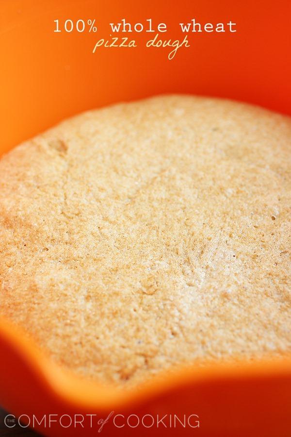 100% Whole Wheat Pizza Dough – Crispy, chewy whole wheat pizza dough makes a delicious canvas for all kinds of tasty toppings! | thecomfortofcooking.com