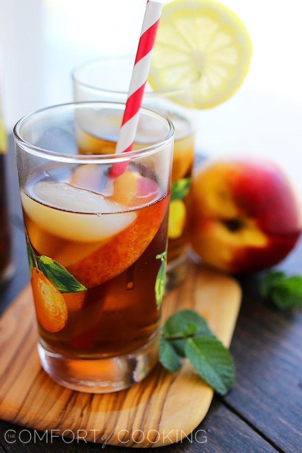 Tipsy Lemonade and Peach Iced Tea – Refreshing lemonade-iced tea cocktail with fresh peaches, mint and vodka! | thecomfortofcooking.com