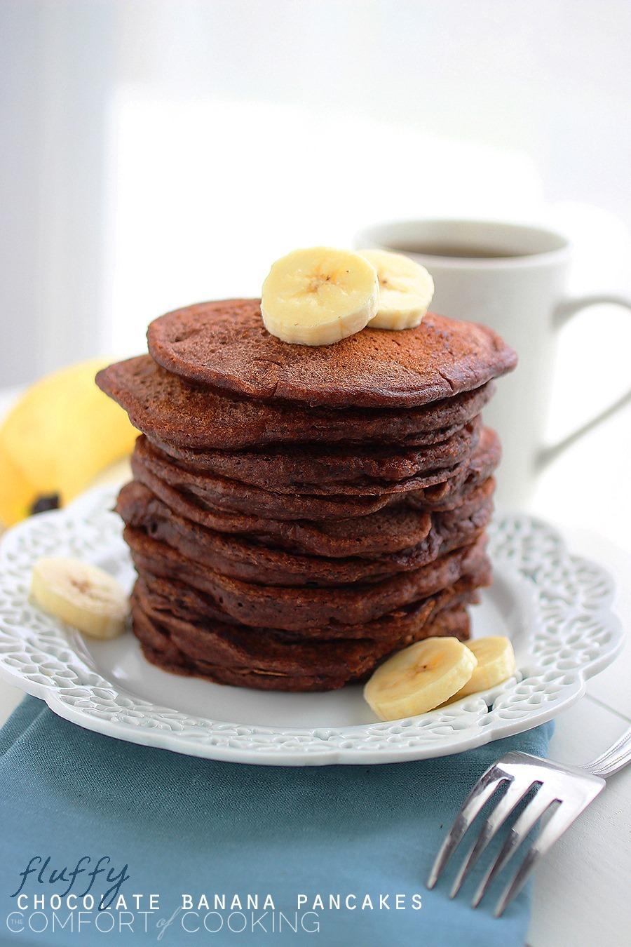 Fluffy Chocolate Banana Pancakes – Delish, easy warm chocolate banana pancakes with maple syrup... easily made AND freezable! | thecomfortofcooking.com