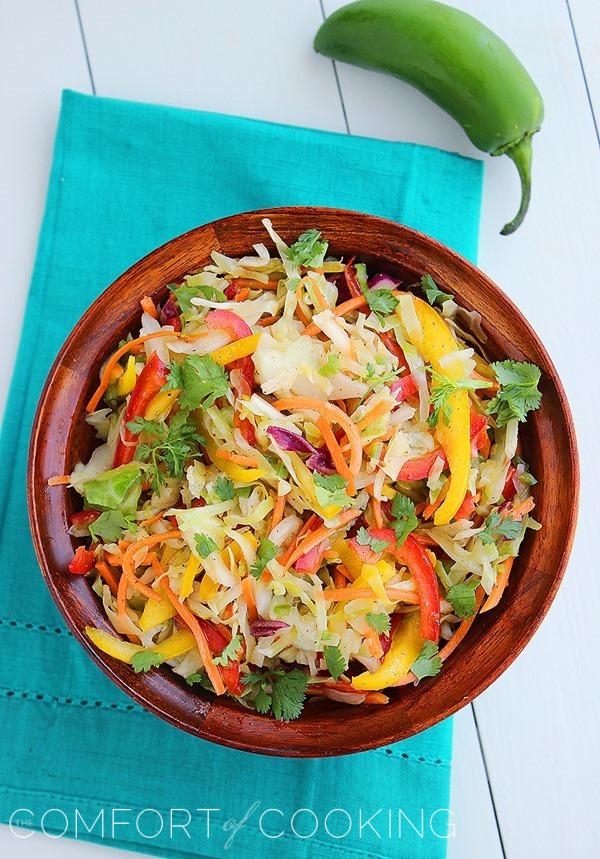 Tangy Tex-Mex Bell Pepper Slaw – This colorful, mayo-free slaw is a perfect BBQ side, or fresh topping for sandwiches! | thecomfortofcooking.com