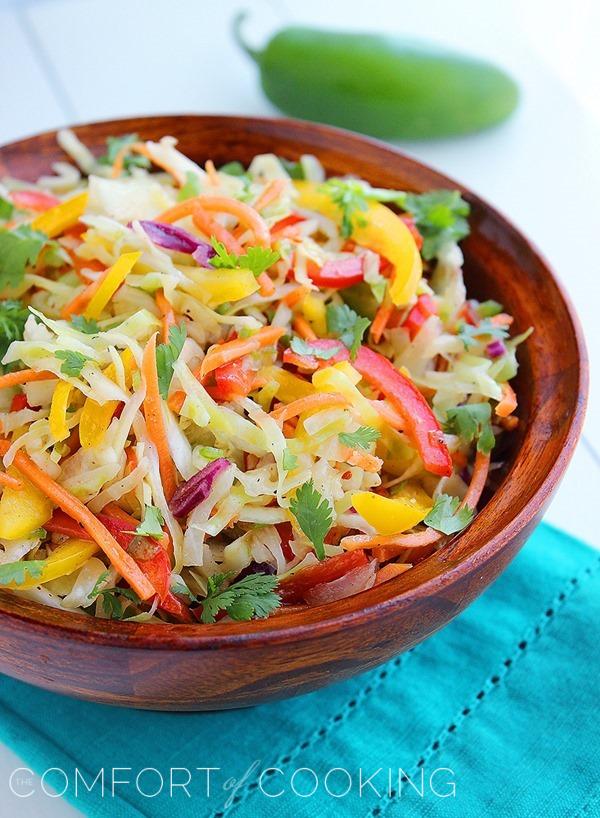 Tangy Tex-Mex Bell Pepper Slaw – This colorful, mayo-free slaw is a perfect BBQ side, or fresh topping for sandwiches! | thecomfortofcooking.com