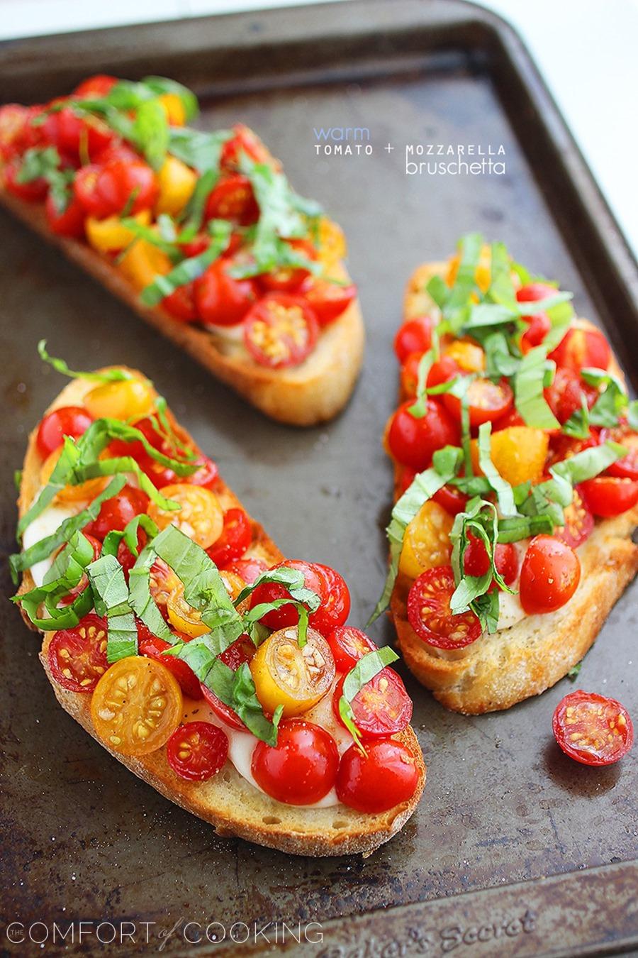 Warm Tomato & Mozzarella Bruschetta – My favorite EVER bruschetta. So gooey and delicious! The perfect party appetizer or easy vegetarian meal. | thecomfortofcooking.com