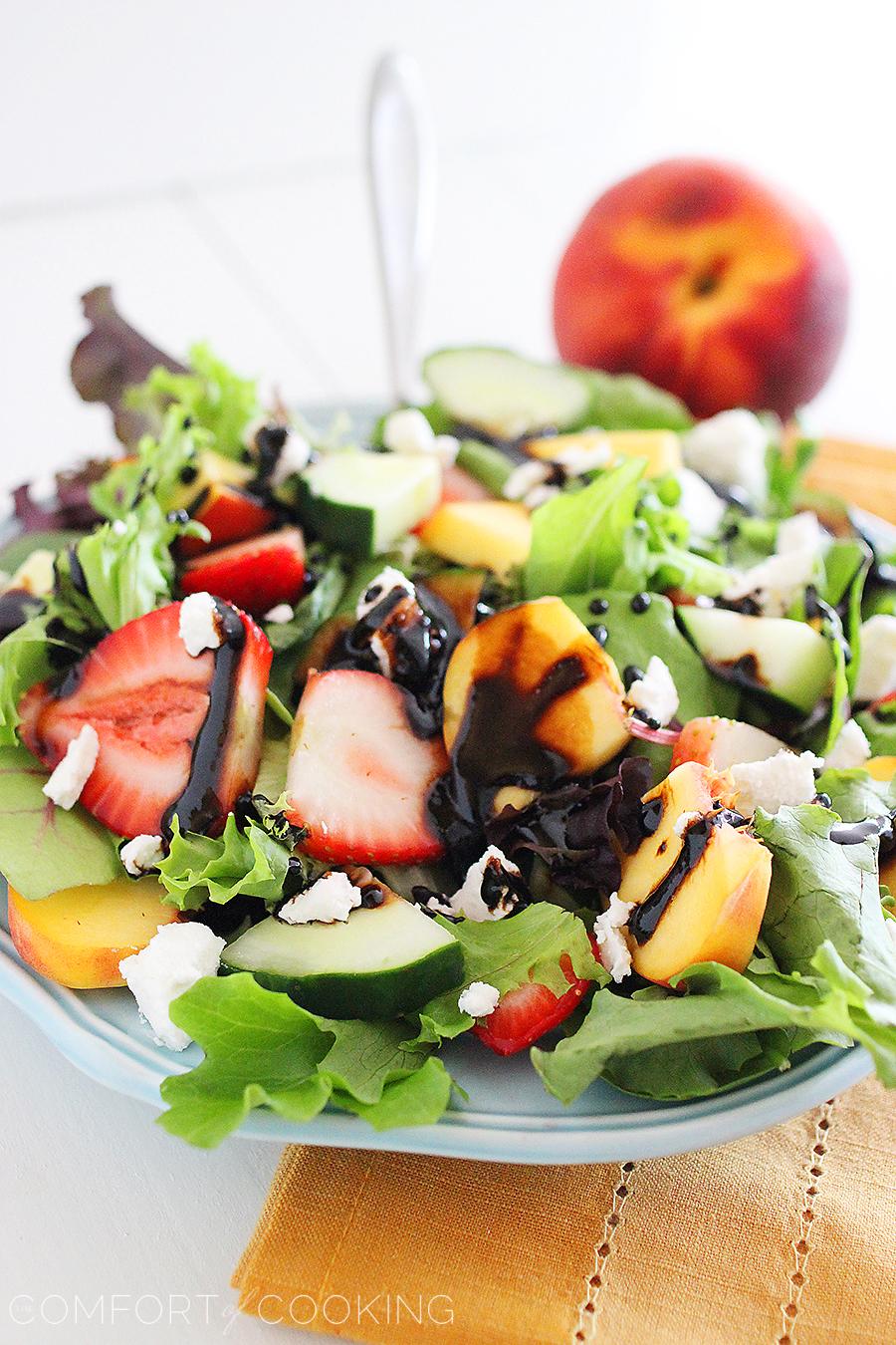 Summer Strawberry-Peach Salad with Goat Cheese – Sink a fork into this crisp salad with fresh peaches, strawberries, cucumbers and goat cheese! | thecomfortofcooking.com