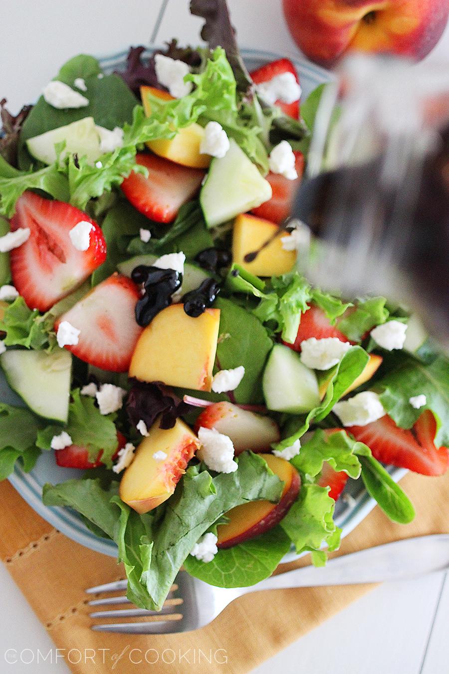 Summer Strawberry-Peach Salad with Goat Cheese – Sink a fork into this crisp salad with fresh peaches, strawberries, cucumbers and goat cheese! | thecomfortofcooking.com