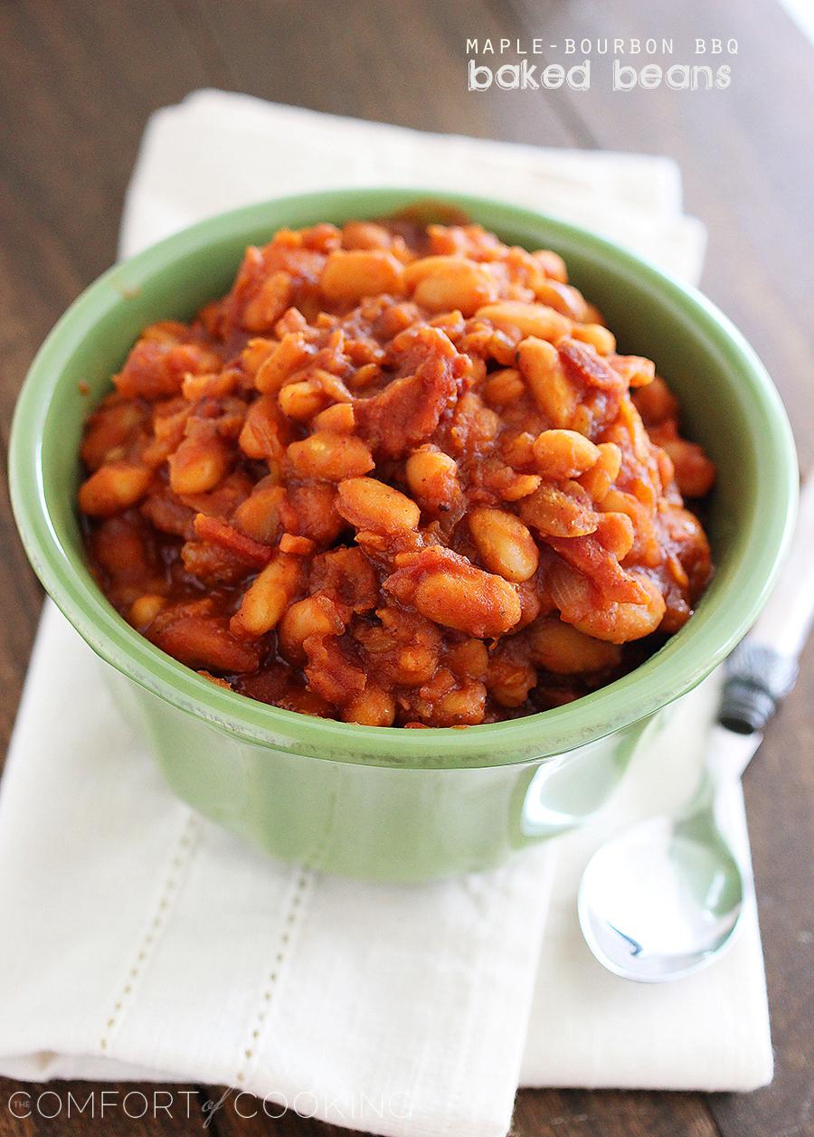 Easy Maple-Bourbon BBQ Baked Beans – These sweet, smoky 30-minute baked beans with bacon, bourbon and maple are the perfect addition to your BBQ plate! | thecomfortofcooking.com