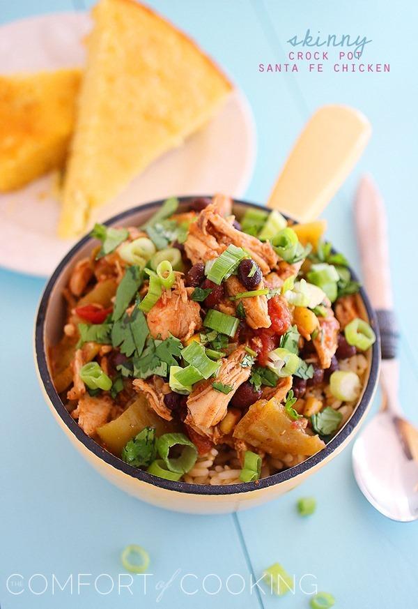 Skinny Crock Pot Santa Fe Chicken – This slow cooked, skinny chicken dish is best served over rice, tortillas or in a lettuce wrap for a healthy meal! | thecomfortofcooking.com