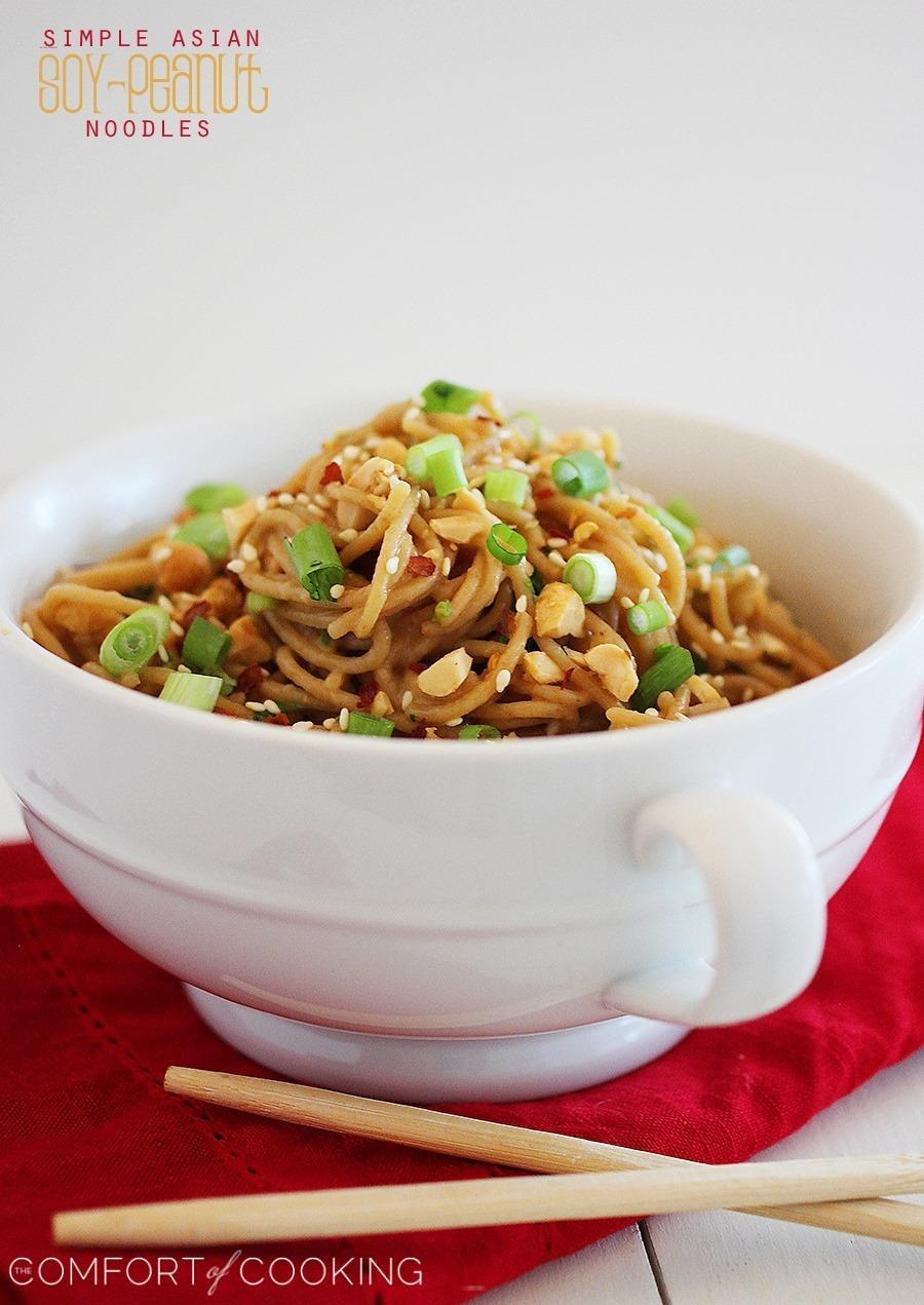 Simple Asian Soy-Peanut Noodles – These whole wheat noodles are a delicious twist on a takeout fave & only take 10 minutes! | thecomfortofcooking.com