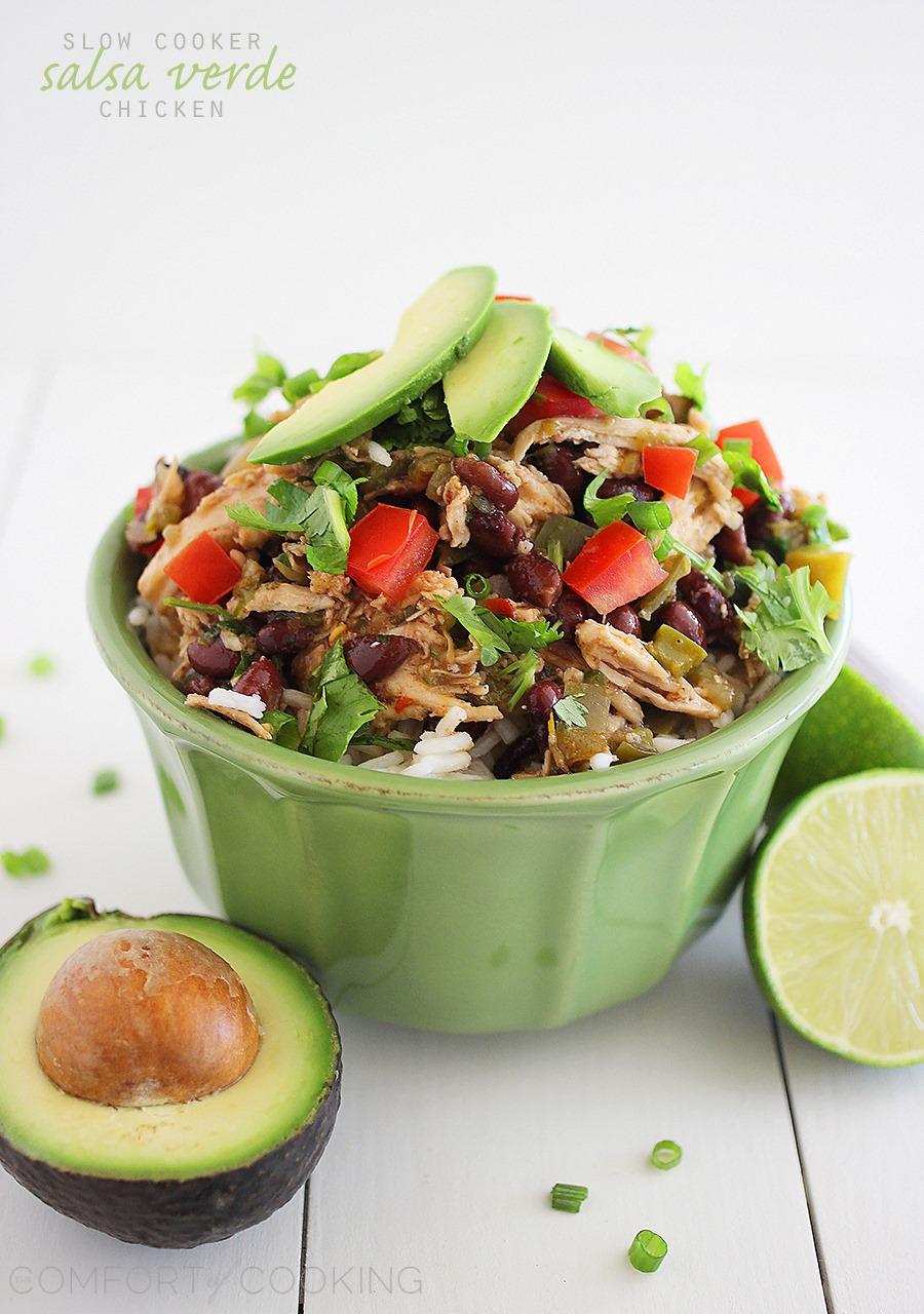 Slow Cooker Salsa Verde Chicken – Loaded with fresh avocado, salsa and cilantro, this easy & healthy slow cooker chicken verde is a weeknight fave! | thecomfortofcooking.com