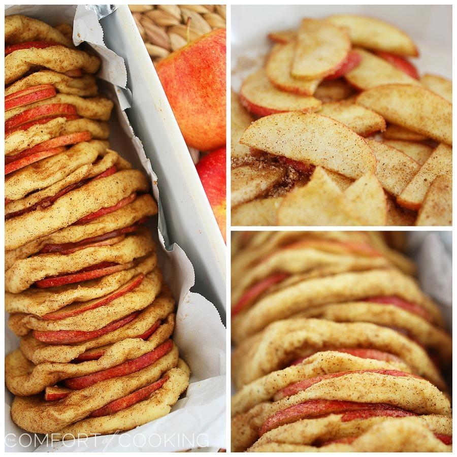 Apple Pie Pull Apart Bread with Vanilla Glaze – Soft layers of cinnamon-sugar biscuit dough and fresh apple slices combine in this amazing pull apart bread! | thecomfortofcooking.com