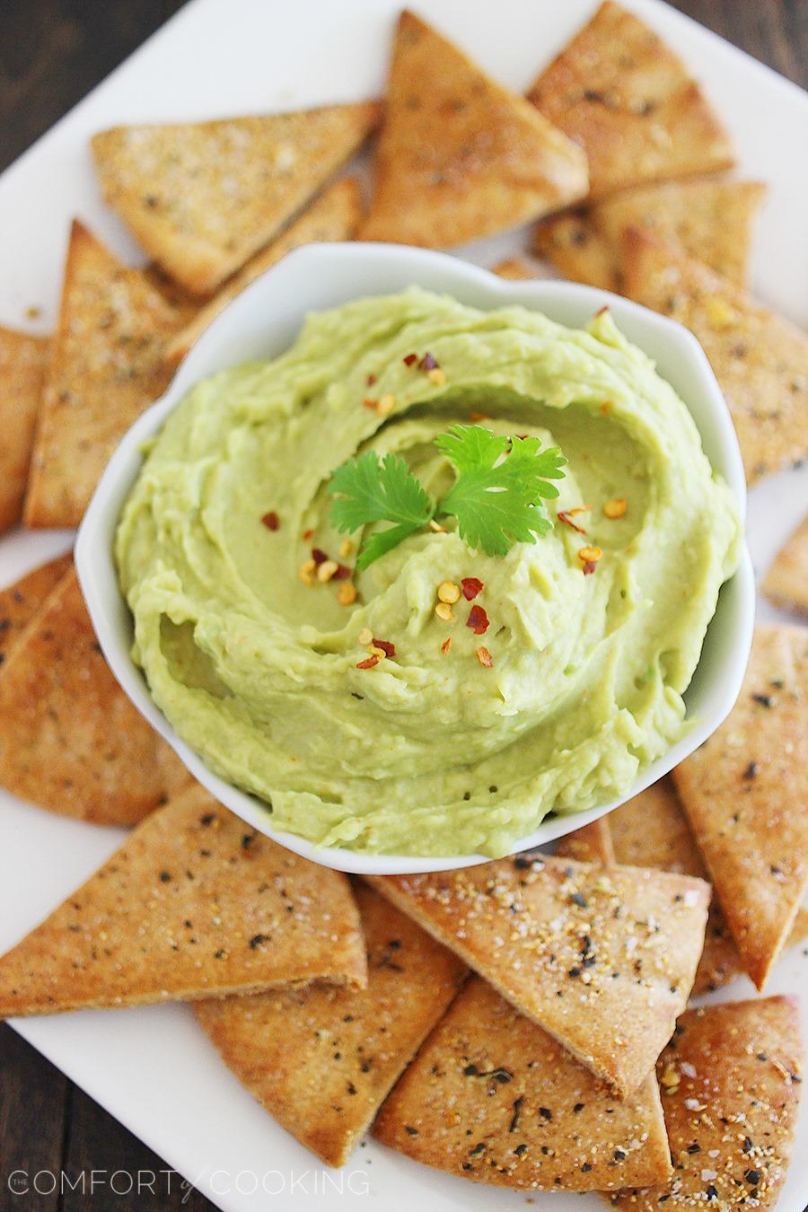 Avocado Hummus + Whole Wheat Pita Chips – Smooth, creamy white bean avocado hummus and homemade pita chips make this the perfect party snack! | thecomfortofcooking.com