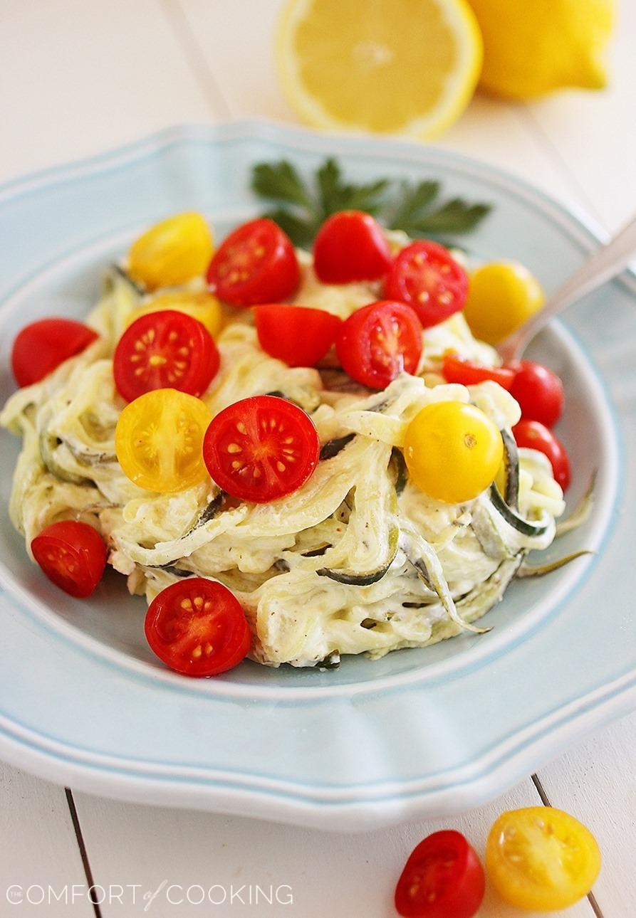 Creamy Lemon Zucchini Noodles with Tomatoes – These “noodles” are low-carb, fun to make, and delish for a light meal!| thecomfortofcooking.com