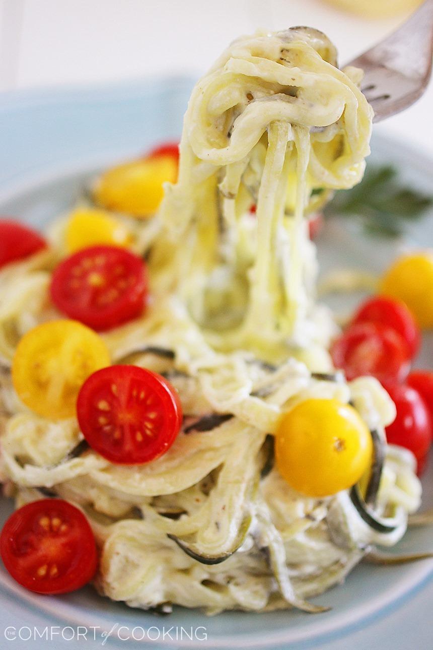 Creamy Lemon Zucchini Noodles with Tomatoes – These “noodles” are low-carb, fun to make, and delish for a light meal!| thecomfortofcooking.com