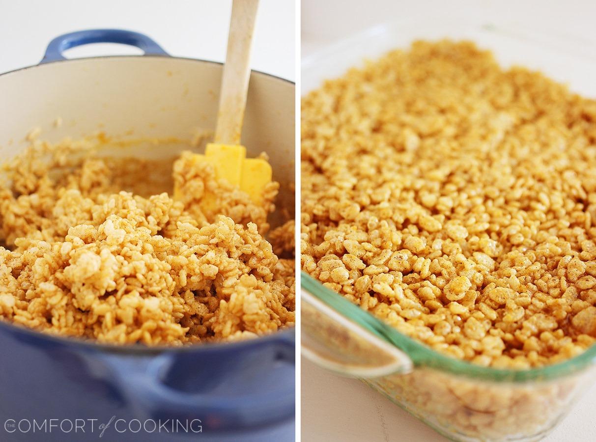 Pumpkin Spice Rice Krispie Treats – Soft & chewy pumpkin spiced treats with a white chocolate drizzle. Perfect for fall parties! | thecomfortofcooking.com