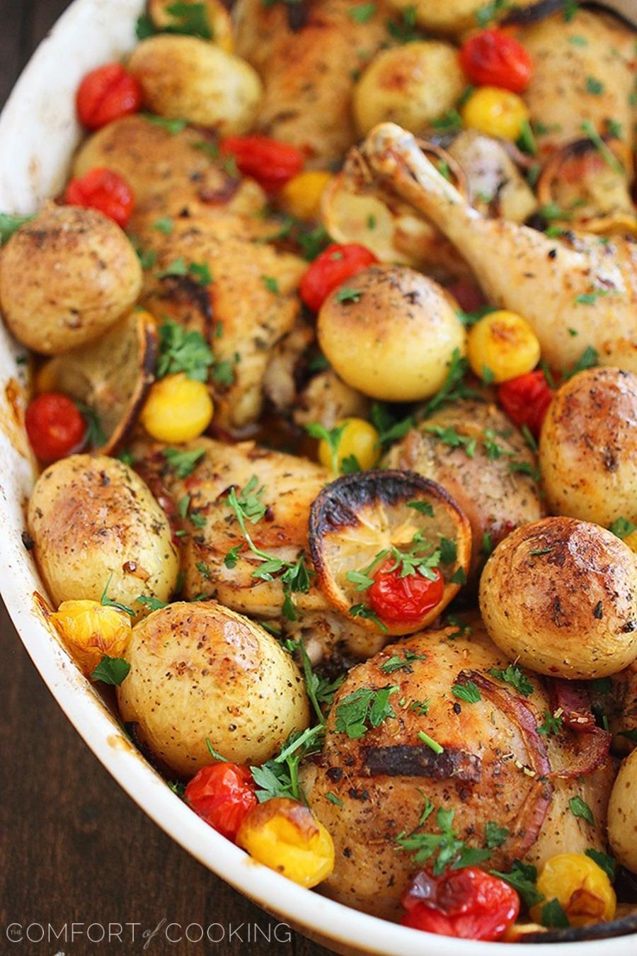 Easy Roasted Lemon Chicken with Tomatoes and Potatoes – Comfort food at its best. Add this hearty, healthy one-pan meal to your weeknight menu! | thecomfortofcooking.com