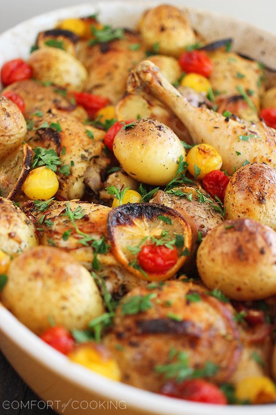 Easy Roasted Lemon Chicken with Tomatoes and Potatoes – Comfort food at its best. Add this hearty, healthy one-pan meal to your weeknight menu! | thecomfortofcooking.com