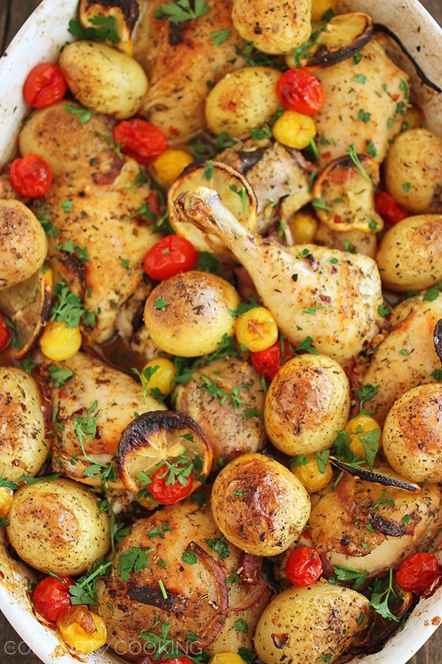 Easy Roasted Lemon Chicken with Tomatoes and Potatoes – Comfort food at its best. Add this hearty, healthy one-pan meal to your weeknight menu! | thecomfortofcooking.com