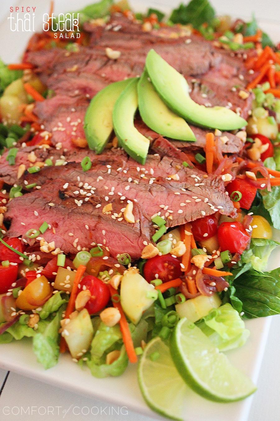 Spicy Thai Steak Salad – Kick up the spice with this scrumptious steak salad, full of fresh veggies and drizzled with a cilantro-lime dressing! | thecomfortofcooking.com