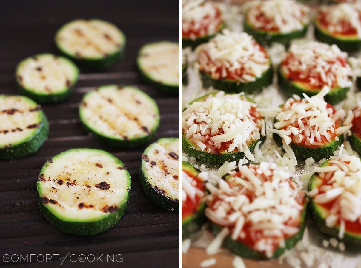 Zucchini Pizza Bites – It’s impossible to stop at one of these ooey-gooey zucchini pizza bites with molten mozzarella and mini pepperoni! | thecomfortofcooking.com