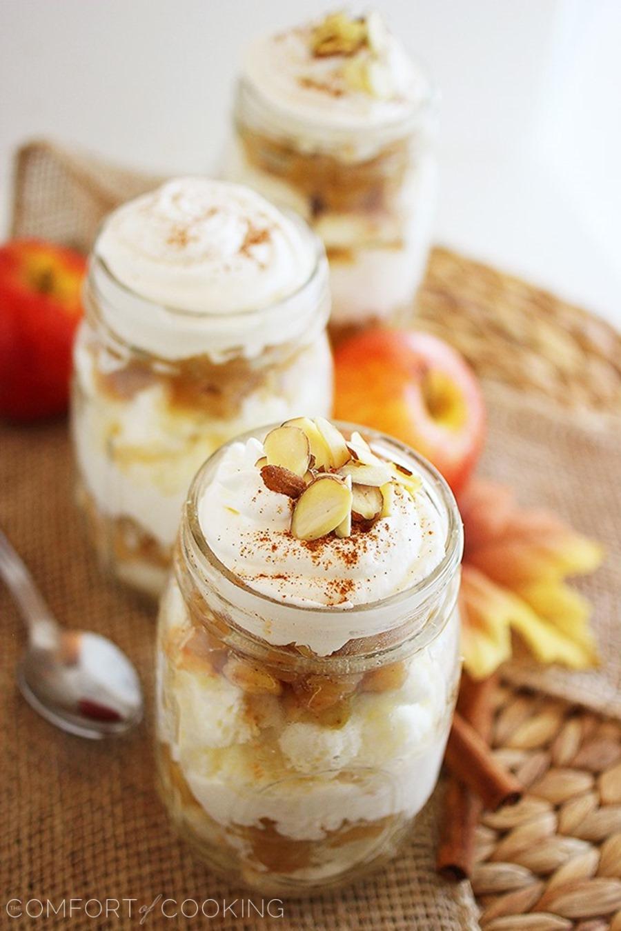 Caramel Apple Angel Food Cake Jars – Fuss-free fall dessert jars piled high with soft angel food cake, cream, and spiced caramel apples! | thecomfortofcooking.com