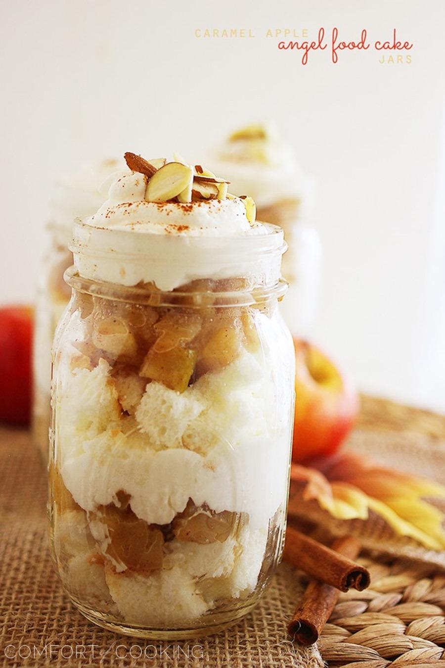 Caramel Apple Angel Food Cake Jars – Fuss-free fall dessert jars piled high with soft angel food cake, cream, and spiced caramel apples! | thecomfortofcooking.com