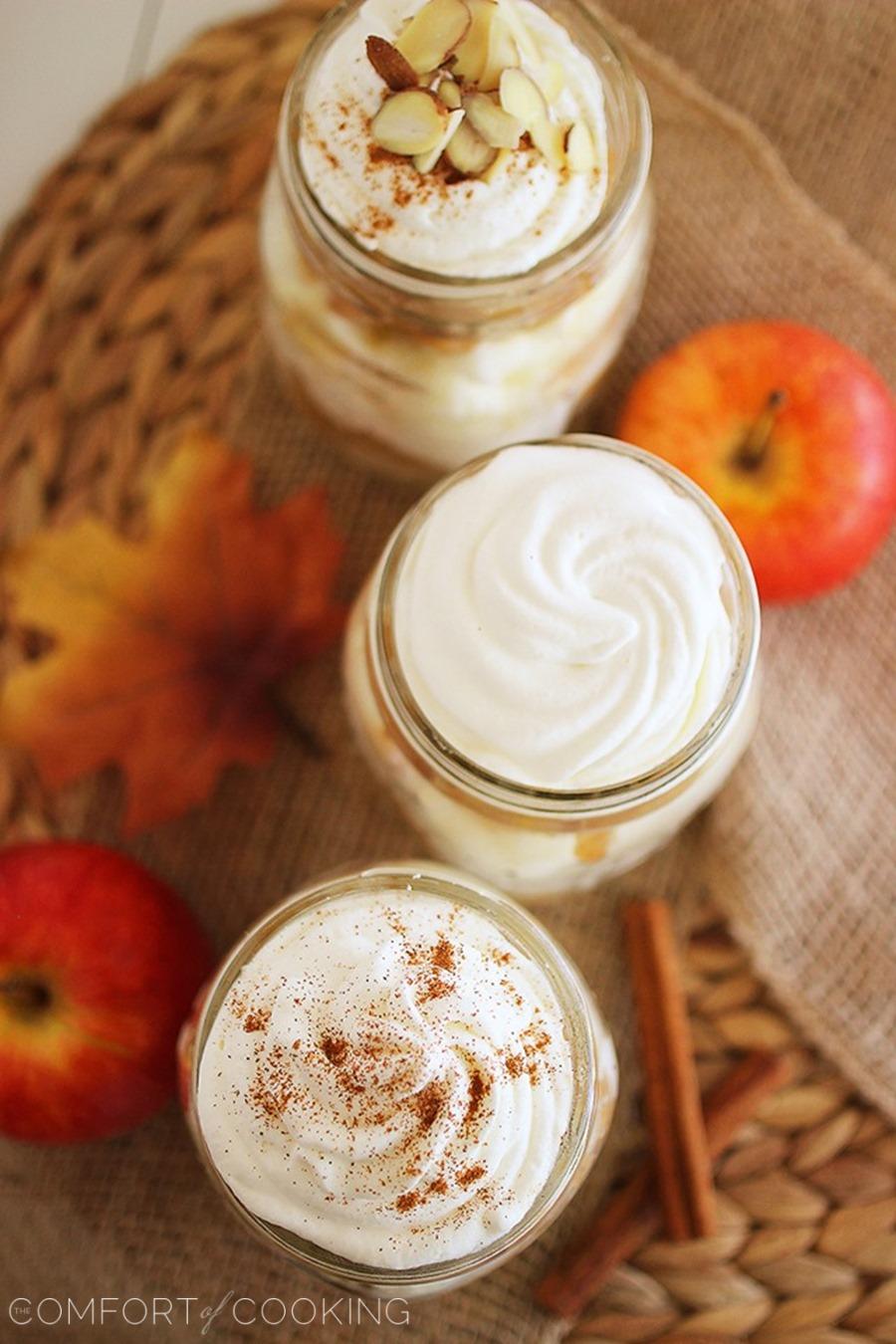 Caramel Apple Angel Food Cake Jars – Fuss-free fall dessert jars piled high with soft angel food cake, cream, and spiced caramel apples! | thecomfortofcooking.com