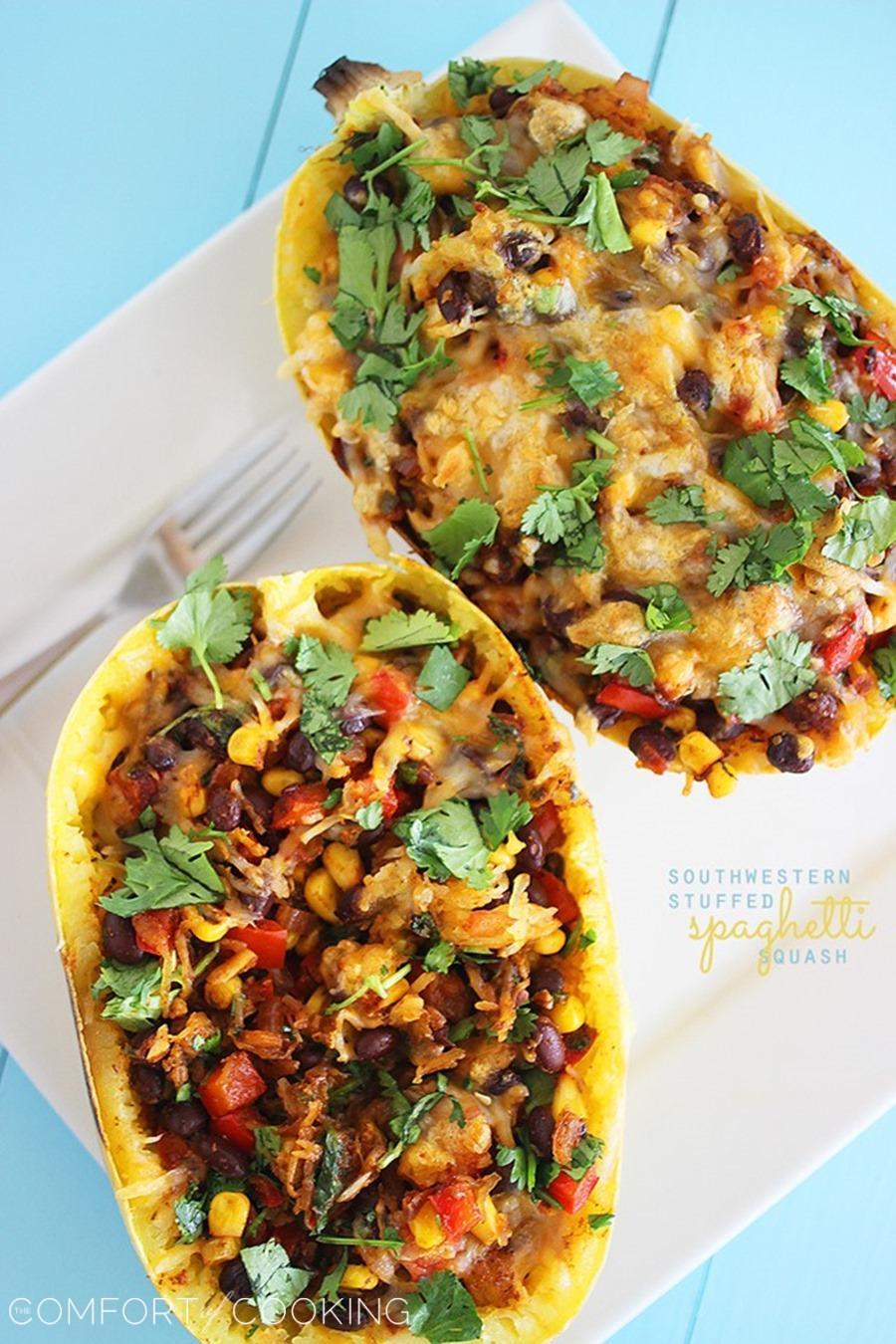 Southwestern Stuffed Spaghetti Squash – This hearty, healthy spaghetti squash stuffed with zesty Mexican flavors is perfect for putting a twist on your typical weeknight meals! | thecomfortofcooking.com