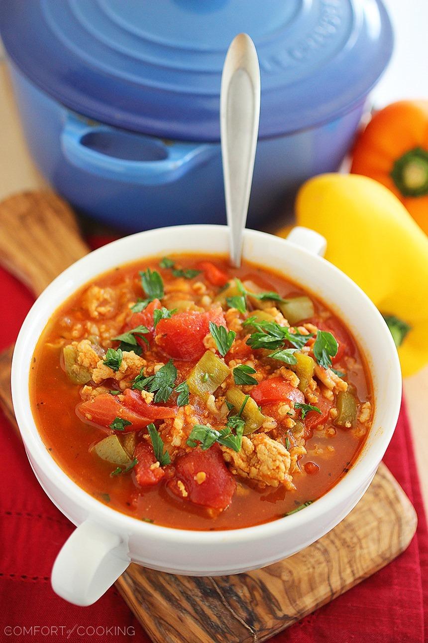 This hearty, healthy soup packed with bell peppers, tomatoes, rice and ground chicken is a full meal in a bowl that will warm you to the bone!