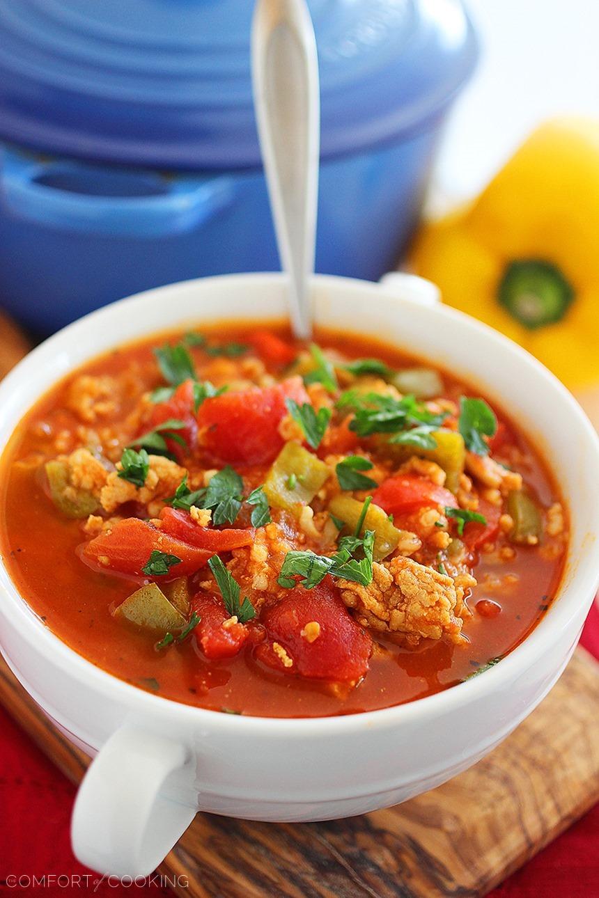 This hearty, healthy soup packed with bell peppers, tomatoes, rice and ground chicken is a full meal in a bowl that will warm you to the bone!