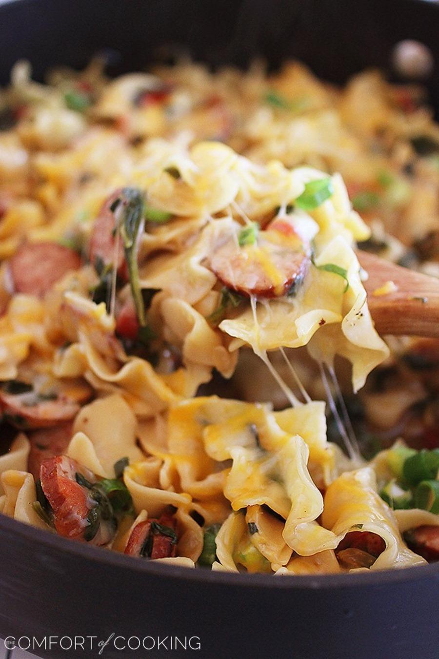 Creamy Sausage and Spinach Pasta Skillet – Creamy, delicious and a cinch to make for a satisfying one-pan weeknight dinner! | thecomfortofcooking.com