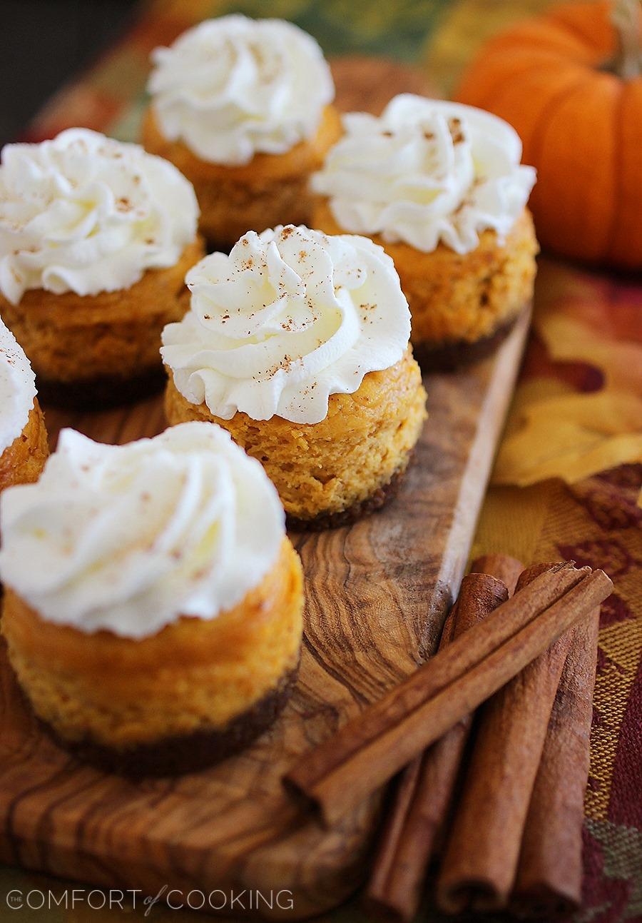 Mini Pumpkin Cheesecakes with Gingersnap Crusts – These creamy pumpkin cheesecakes with spiced gingersnap cookie crusts are to die for! | thecomfortofcooking.com