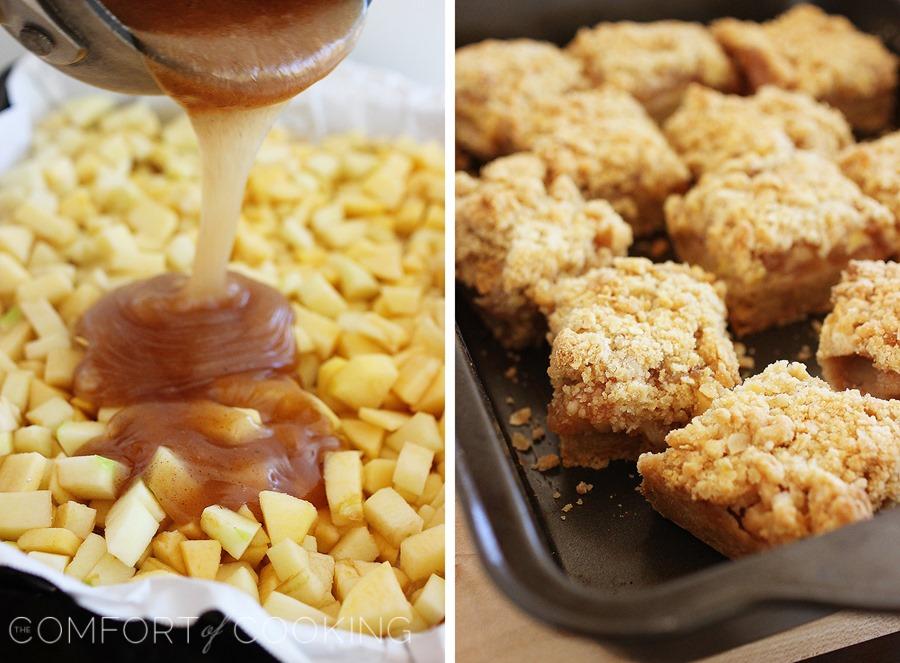 Spiced Apple-Caramel Crumble Bars – These soft, sweet caramel apple bars with a buttery shortbread crust are easier than pie! | thecomfortofcooking.com