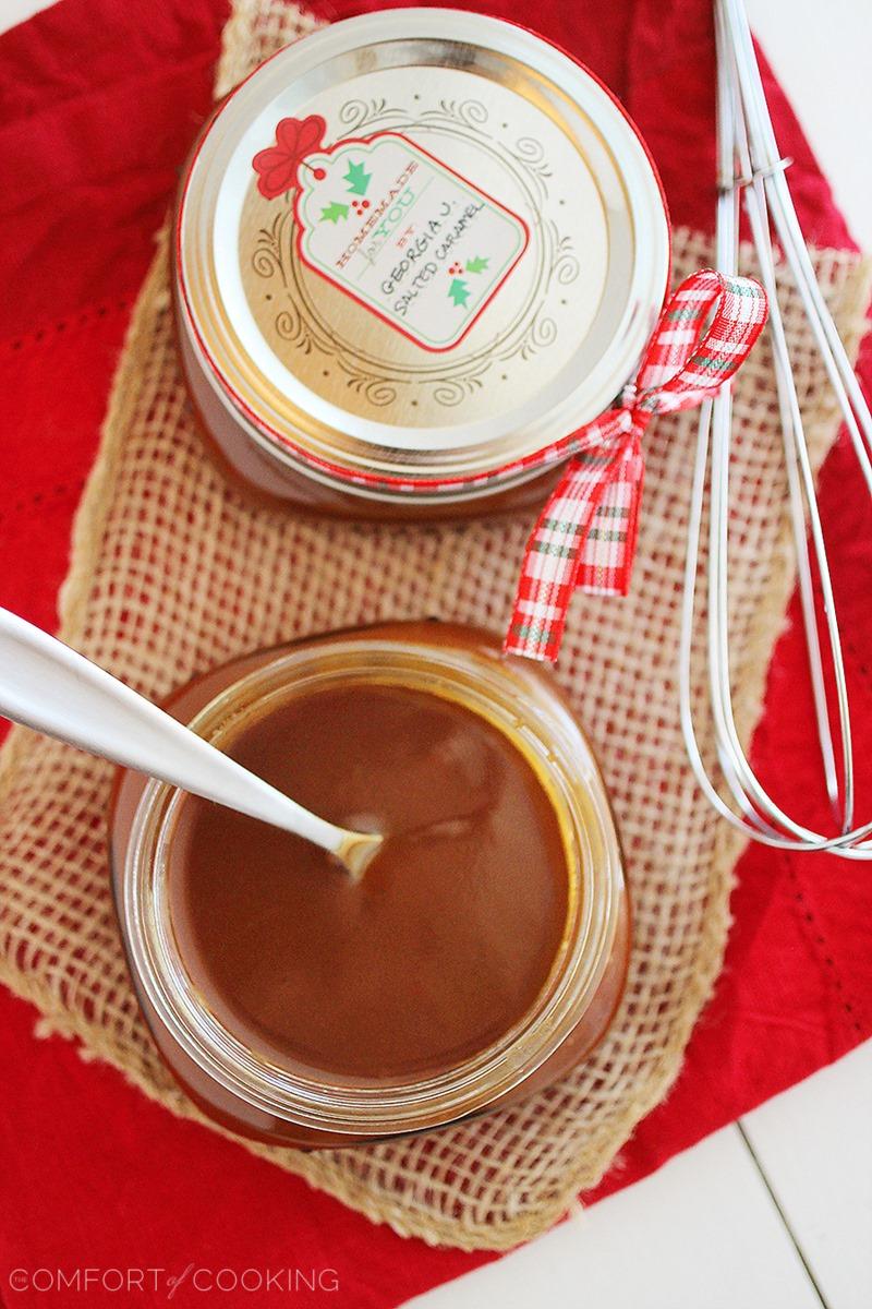 Easy Salted Caramel Sauce – Ooey gooey homemade caramel with sea salt and vanilla is perfect for giving as gifts. Amazing spooned over your favorite ice cream! | thecomfortofcooking.com