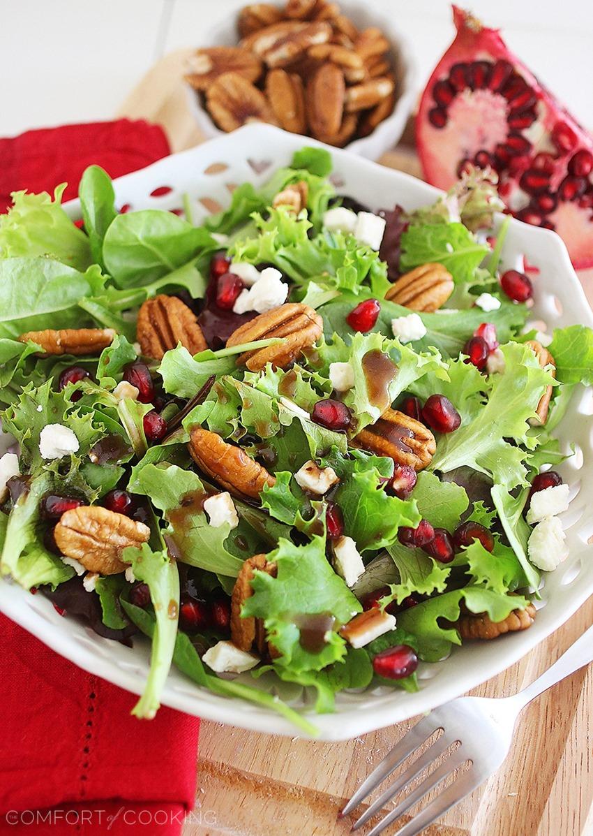 Mixed Baby Greens with Pomegranate, Gorgonzola and Pecans –