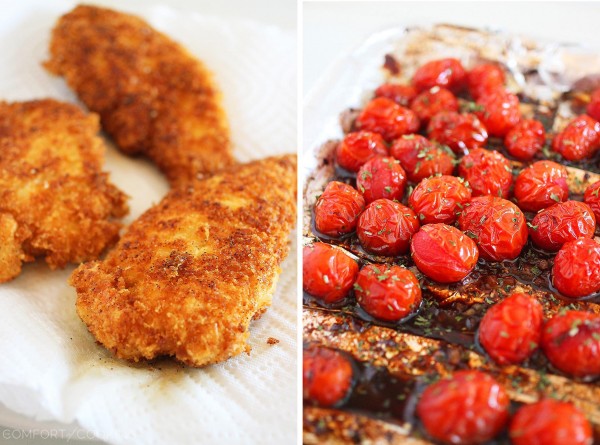 Crispy Parmesan Chicken with Balsamic Roasted Tomatoes – Crispy cutlets topped with sweet, juicy balsamic tomatoes is one of our favorite easy weeknight meals! | thecomfortofcooking.com