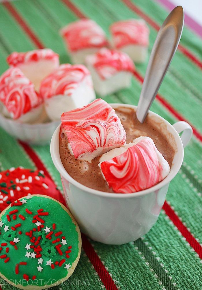 Peppermint Candy Cane Marshmallows – Fluffy marshmallows made from scratch, with a peppermint swirl. Easy for homemade gifts, and incredible in cups of hot cocoa! | thecomfortofcooking.com