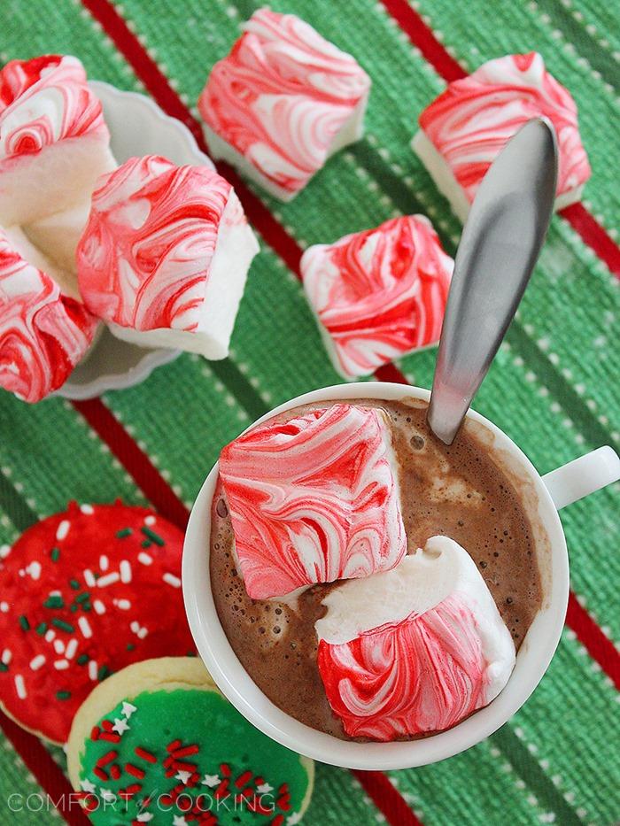 Peppermint Candy Cane Marshmallows – Fluffy marshmallows made from scratch, with a peppermint swirl. Easy for homemade gifts, and incredible in cups of hot cocoa! | thecomfortofcooking.com