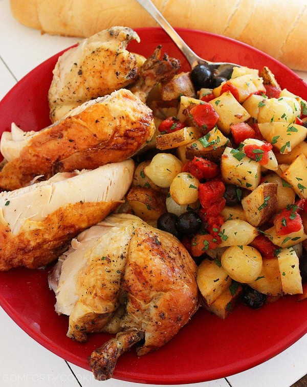 Pesto Roasted Chicken with Potatoes, Olives and Onions – Warm, scrumptious comfort food in one big pan, and perfect for weeknights and special occasions! | thecomfortofcooking.com