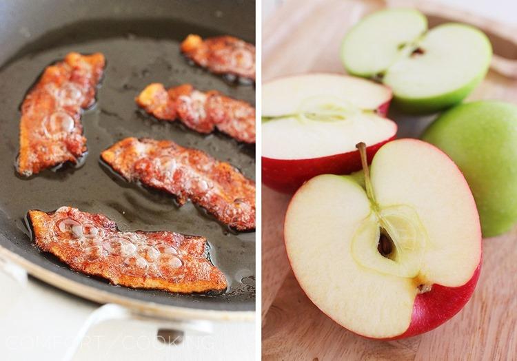 Crispy Chicken Salad with Apples and Bacon – Crispy chicken with a fresh, crunchy apple-cucumber salsa and bacon tops mixed greens. Makes for a mouthwatering weeknight meal! | thecomfortofcooking.com