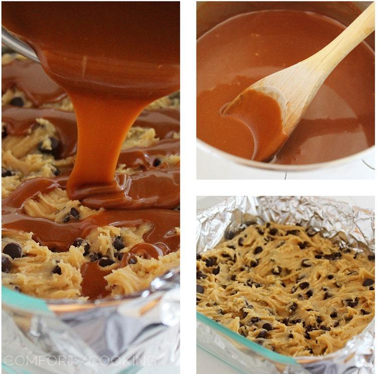 Salted Caramel Chocolate Chunk Cookie Bars – These soft and chewy Salted Caramel Cookie Bars are made from scratch & irresistible dunked in a tall glass of milk! | thecomfortofcooking.com