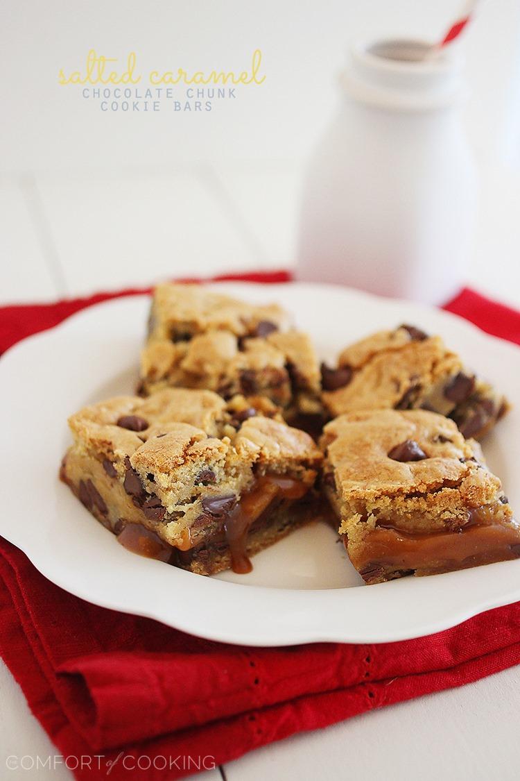 Salted Caramel Chocolate Chunk Cookie Bars – These soft and chewy Salted Caramel Cookie Bars are made from scratch & irresistible dunked in a tall glass of milk! | thecomfortofcooking.com