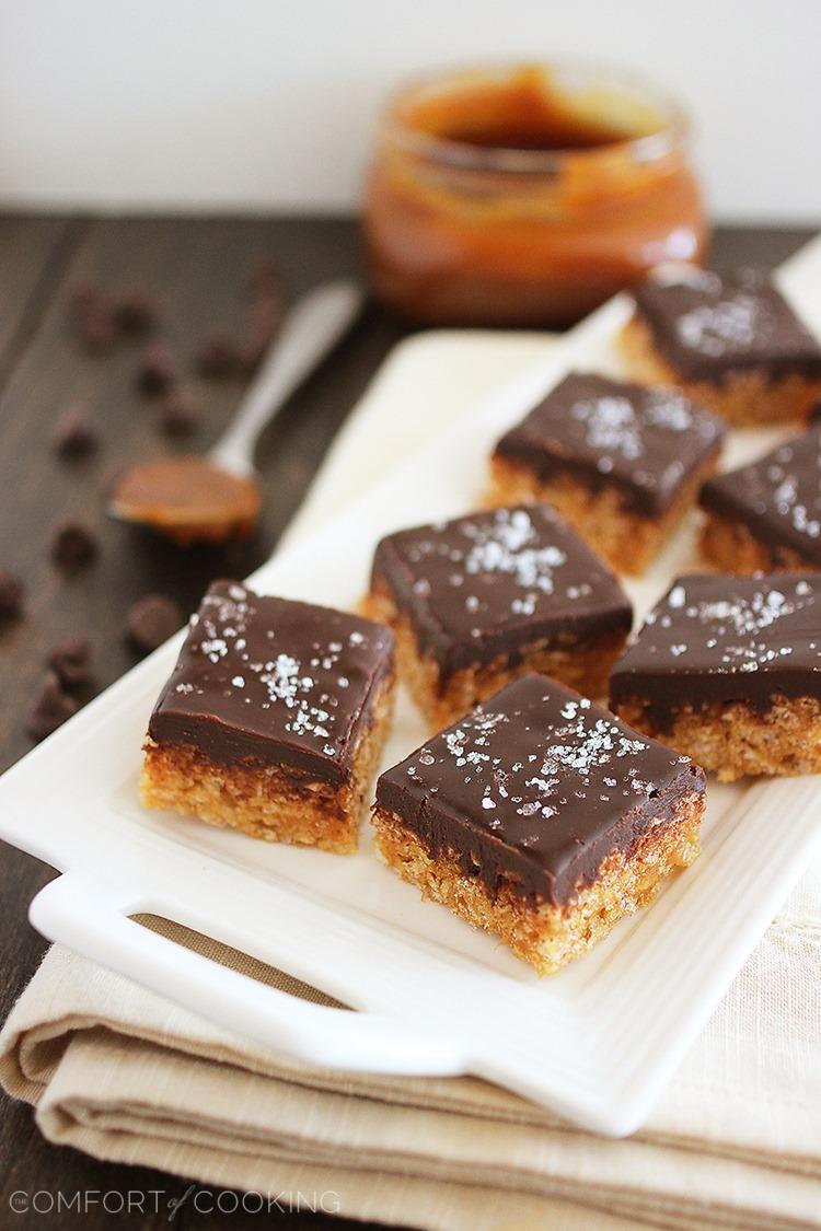 Salted Caramel Chocolate Rice Krispie Treats – With chocolate ganache and sea salt, these treats are little bites of bliss. So easy and elegant. Get the recipe! | thecomfortofcooking.com