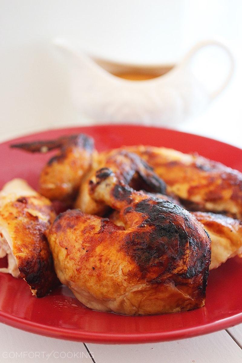 Crispy Sriracha Roasted Chicken with Sriracha Gravy – Try this not-so-traditional twist on classic roasted chicken with a super easy, creamy Sriracha gravy on the side... totally mouthwatering. | thecomfortofcooking.com