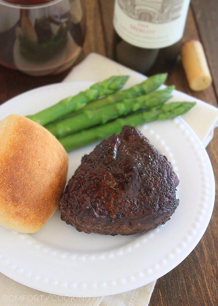 Easy Balsamic-Glazed Filet Mignon – Just 6 ingredients for this tender, juicy filet mignon with a red wine-balsamic glaze! Cook this easy, elegant dinner at home for any special occasion. | thecomfortofcooking.com